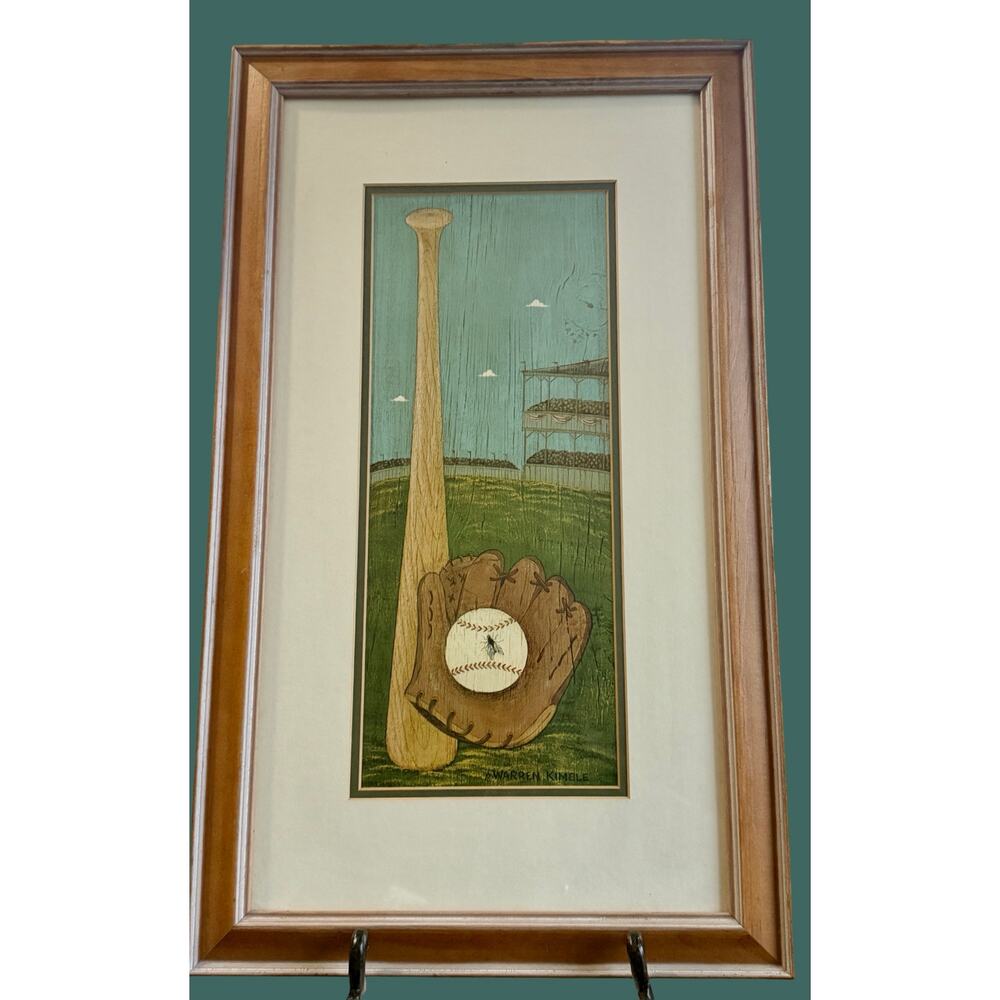 Warren Kimble “Fly Ball” Framed Folk Art Baseball Print 25x15 Americana